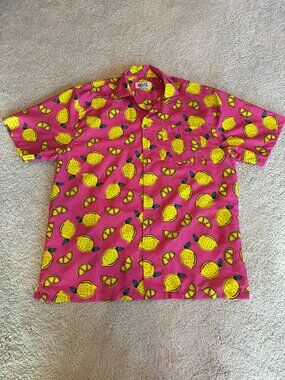 Uzzi Pink with Yellow Lemons Hawaiian Short-sleeve Shirt Top Medium